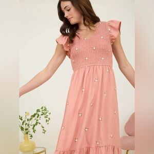 186 - Pink Smocked Dress with Floral Embroidery